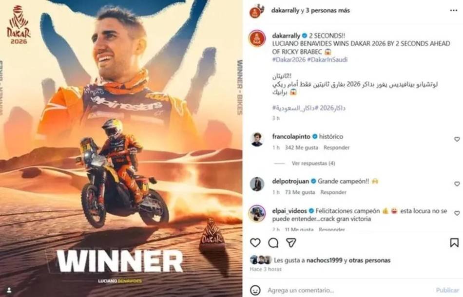 Franco Colapinto celebró el histórico triunfo de Luciano Benavides en el Dakar 2026
