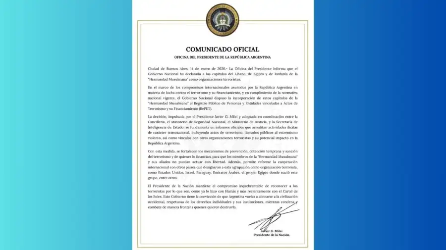 Comunicado de la Oficina del Presidente de la República Argentina declarando organización terrorista a la Hermandad Musulmana